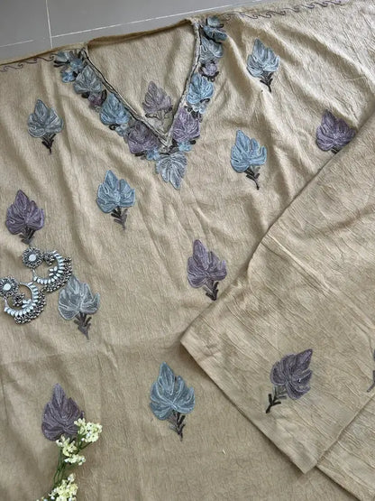 Beige Kashmiri cotton kaftan set featuring intricate traditional Kashmiri embroidery on soft, breathable cotton fabric for comfortable, elegant, and effortless ethnic wear by Hayat's Lucknowi.
