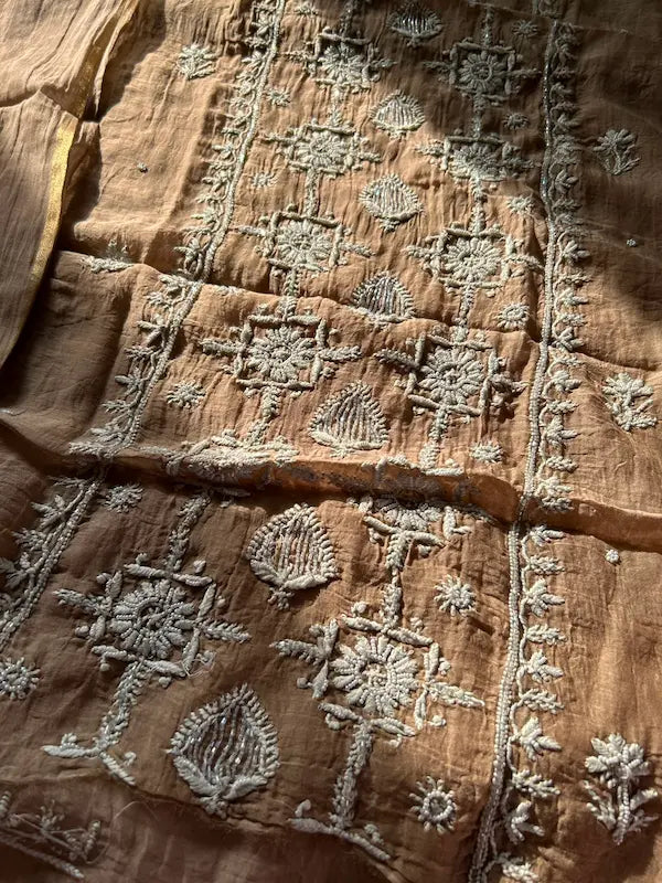 
Khazra women's brown mul Chanderi handwork kurta and dupatta unstitched suit featuring intricate handcrafted detailing and elegant traditional craftsmanship for timeless ethnic wear by Hayat's Lucknowi.
