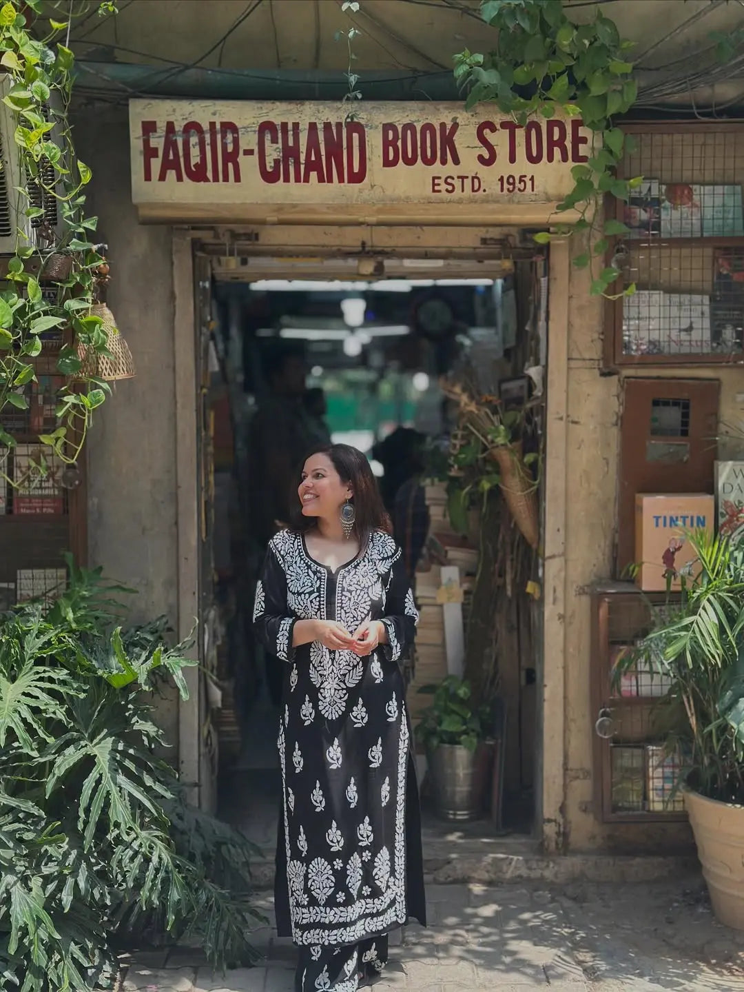 Black rayon kurta set with chikankari embroidery by Hayat’s Lucknowi