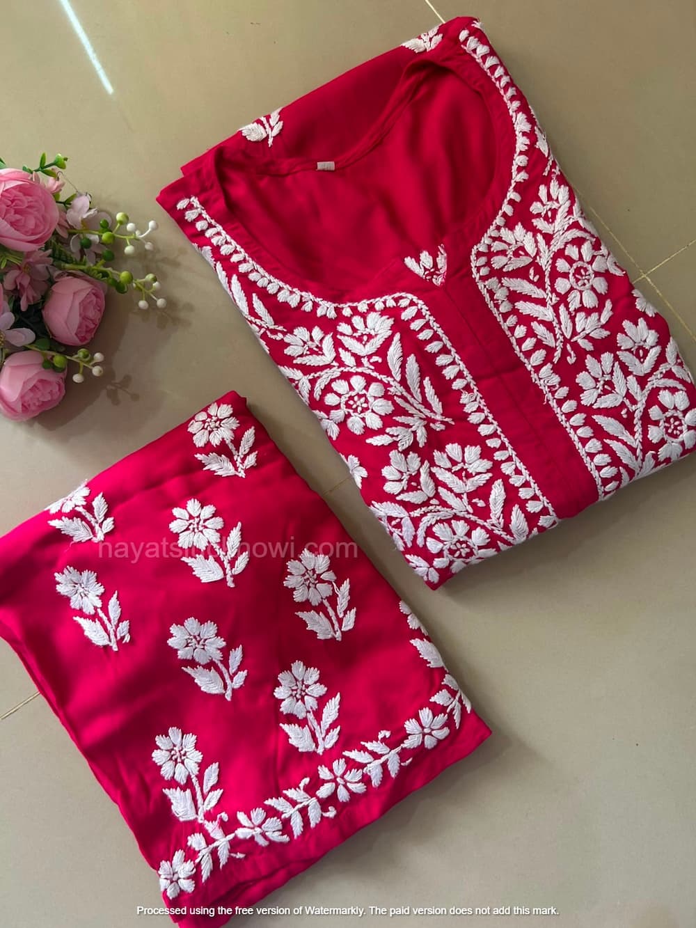
Khushi Deep Pink Rayon Lucknowi Chikankari Kurta Set featuring intricate hand embroidery on soft rayon fabric for an elegant festive and ethnic look by Hayat’s Lucknowi.
