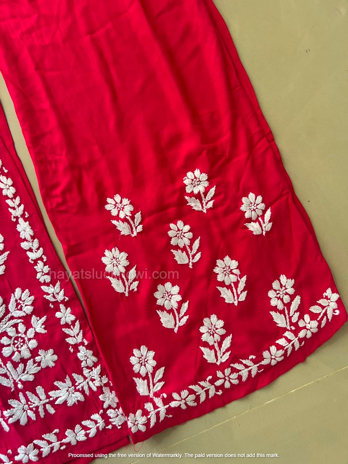 

Khushi Deep Pink Rayon Lucknowi Chikankari Kurta Set featuring intricate hand embroidery on soft rayon fabric for an elegant festive and ethnic look by Hayat’s Lucknowi.
