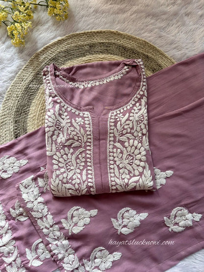 mauve pink chikankari kurta plazo rayon set for festive wear