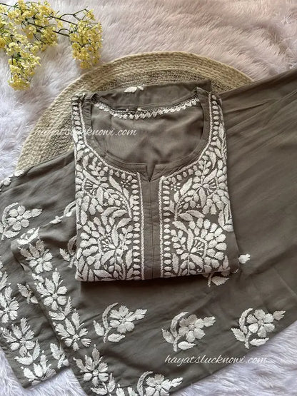 Gray rayon chikankari suit set with kurta and dupatta by Hayat’s Lucknowi