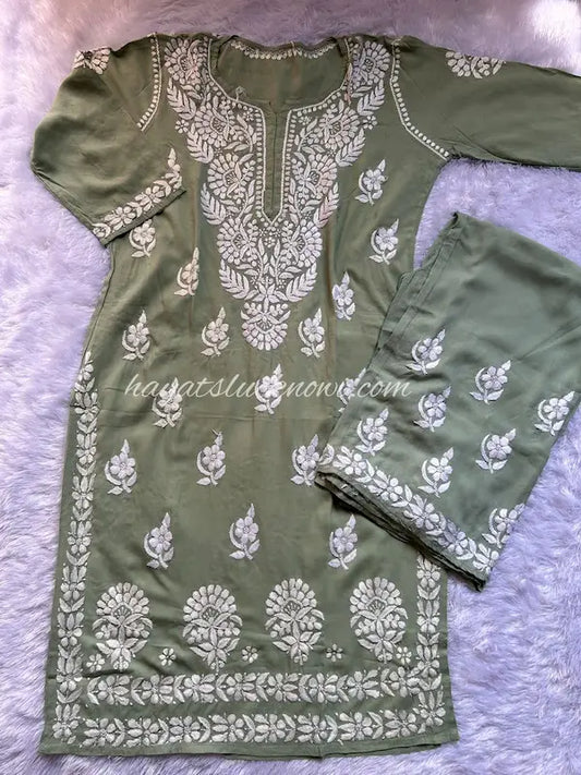 Gray rayon chikankari   kurta suit set with kurta and dupatta by Hayat’s Lucknowi