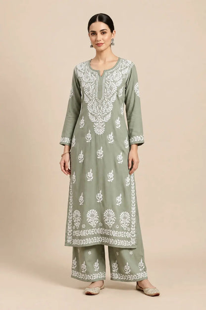 Khushi Gray Lucknowi Chikankari Kurta Set featuring intricate hand embroidery for an elegant and timeless ethnic look by Hayat’s Lucknowi.
