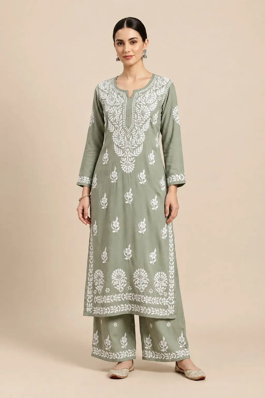 Khushi Gray Lucknowi Chikankari Kurta Set featuring intricate hand embroidery for an elegant and timeless ethnic look by Hayat’s Lucknowi.
