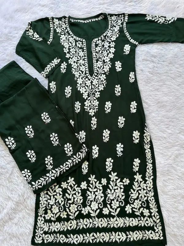 Green rayon chikankari suit set with kurta, bottom & dupatta by Hayat’s Lucknowi