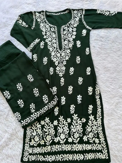 Green rayon chikankari suit set with kurta, bottom & dupatta by Hayat’s Lucknowi