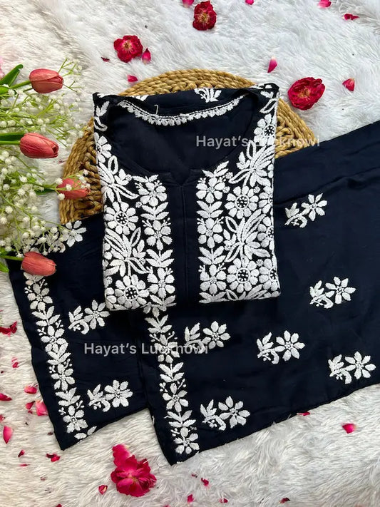 Navy rayon kurta set with chikankari embroidery by Hayat’s Lucknowi