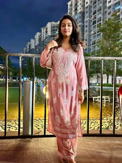 
Khushi nude pink rayon Lucknowi chikankari kurta set featuring delicate hand embroidery and elegant traditional craftsmanship for soft, graceful ethnic wear by Hayat's Lucknowi.
