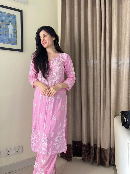 
Khushi pink Lucknowi chikankari rayon kurta set featuring delicate hand embroidery and elegant traditional craftsmanship for graceful festive and everyday ethnic wear by Hayat's Lucknowi.
