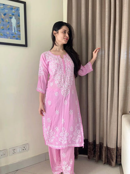 
Khushi pink Lucknowi chikankari rayon kurta set featuring delicate hand embroidery and elegant traditional craftsmanship for graceful festive and everyday ethnic wear by Hayat's Lucknowi.
