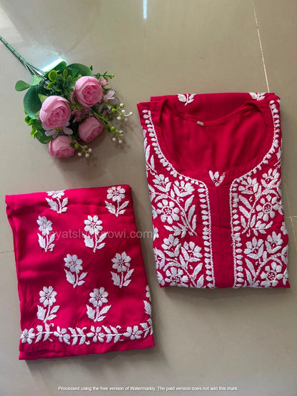 

Khushi Deep Pink Rayon Lucknowi Chikankari Kurta Set featuring intricate hand embroidery on soft rayon fabric for an elegant festive and ethnic look by Hayat’s Lucknowi.
