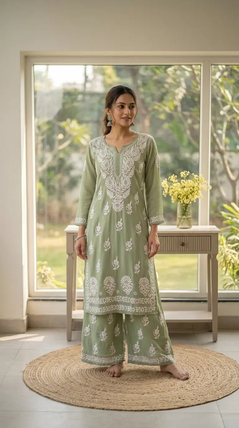 
Khushi pista green rayon Lucknowi chikankari kurta set featuring delicate hand embroidery and graceful ethnic styling for elegant everyday wear by Hayat's Lucknowi
