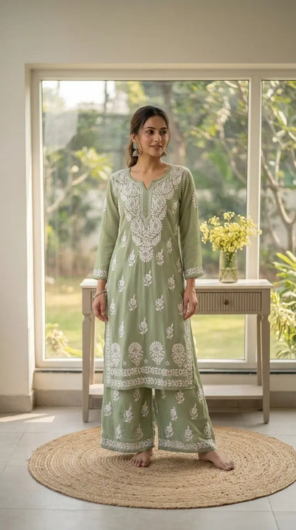 
Khushi pista green rayon Lucknowi chikankari kurta set featuring delicate hand embroidery and graceful ethnic styling for elegant everyday wear by Hayat's Lucknowi
