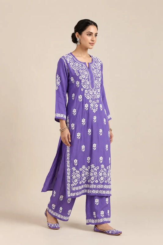 Khushi Purple Rayon Lucknowi Chikankari Kurta Set featuring intricate hand embroidery on soft rayon fabric for an elegant festive and ethnic look by Hayat’s Lucknowi.
