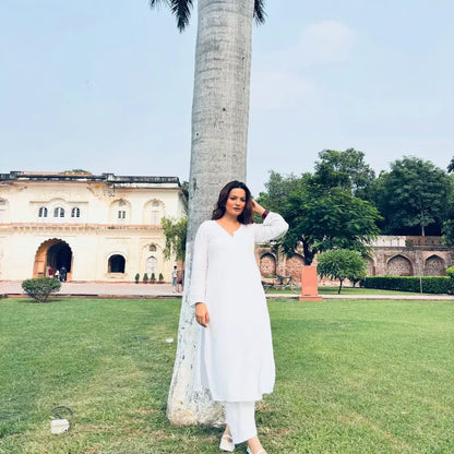 Khushi white rayon Lucknowi Chikankari kurta set featuring intricate handcrafted white Chikankari embroidery on soft, breathable rayon fabric for elegant everyday and festive ethnic wear by Hayat's Lucknowi.

