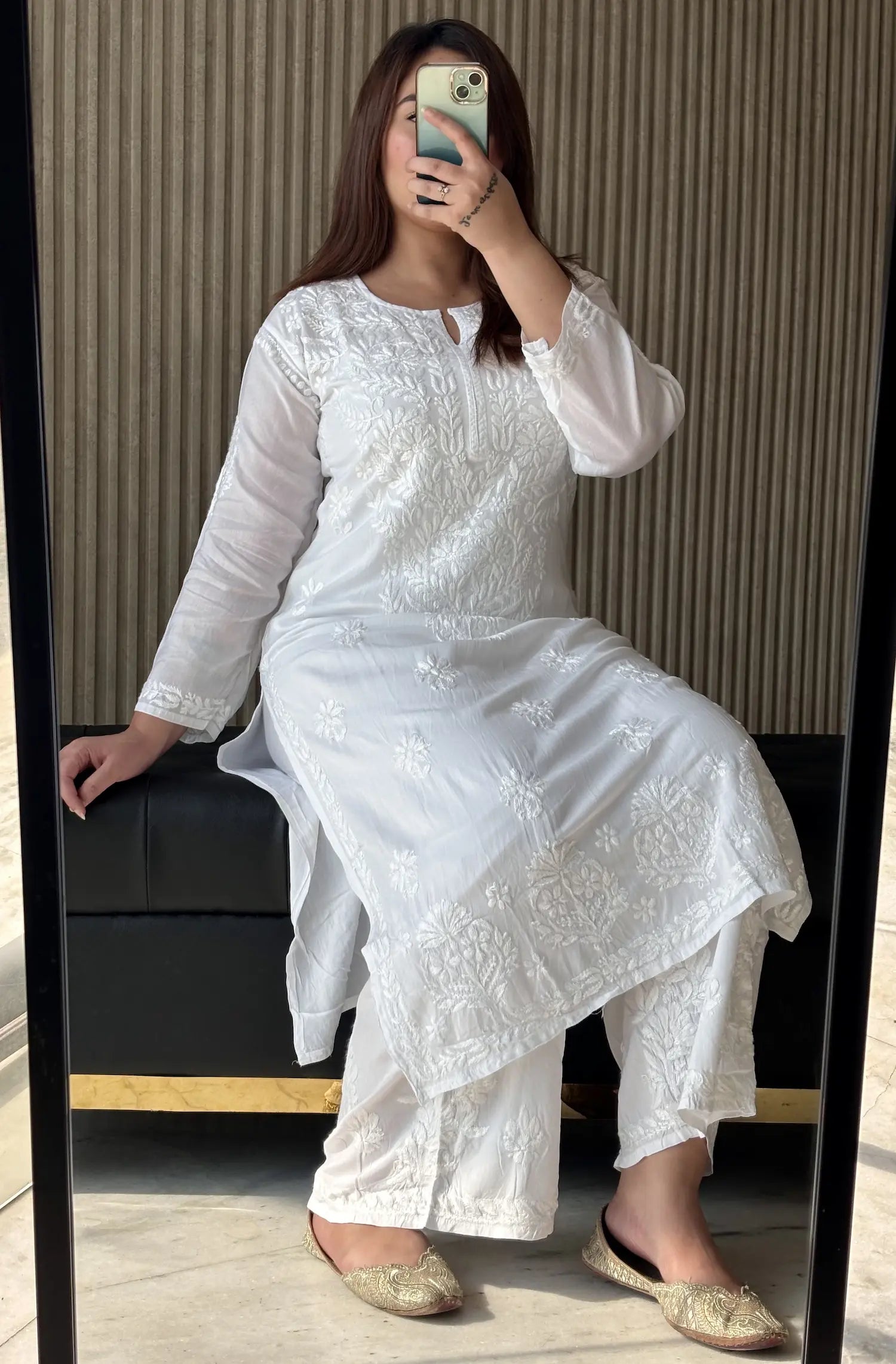 
Khushi white rayon Lucknowi chikankari kurta set featuring delicate hand embroidery and elegant traditional styling for graceful ethnic wear by Hayat's Lucknowi
