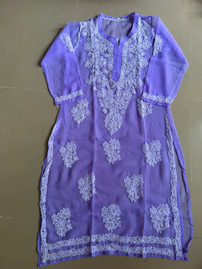 Ayena Lavender Georgette Chikankari Kurti featuring intricate hand embroidery on lightweight georgette fabric for an elegant festive and ethnic look by Hayat’s Lucknowi.
