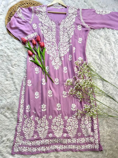 Lavender modal kurti with chikankari embroidery by Hayat’s Lucknowi