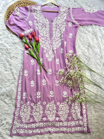 Lavender modal kurti with chikankari embroidery by Hayat’s Lucknowi