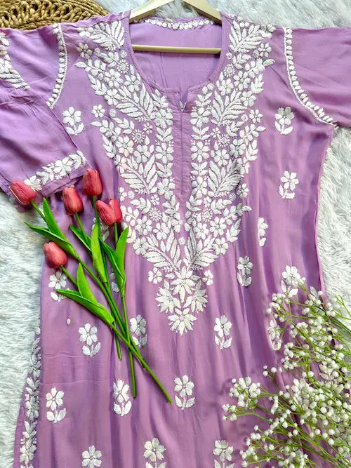 Lavender modal kurti with chikankari embroidery by Hayat’s Lucknowi