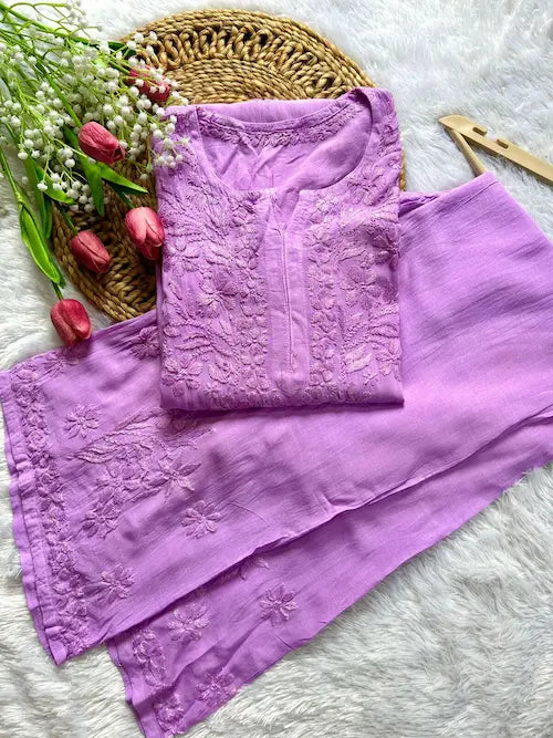 Lavender rayon kurta and palazzo set with chikankari embroidery by Hayat’s Lucknowi