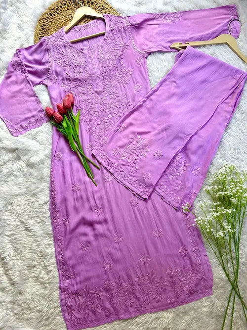 Lavender rayon kurta and palazzo set with chikankari embroidery by Hayat’s Lucknowi