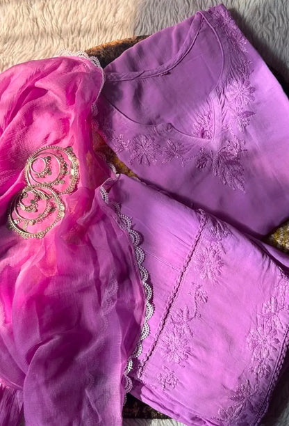 Lavender sleeveless rayon Chikankari Farshi set featuring intricate handcrafted Chikankari embroidery on soft, flowy rayon fabric with a graceful traditional Farshi silhouette for elegant festive and ethnic wear by Hayat's Lucknowi.
