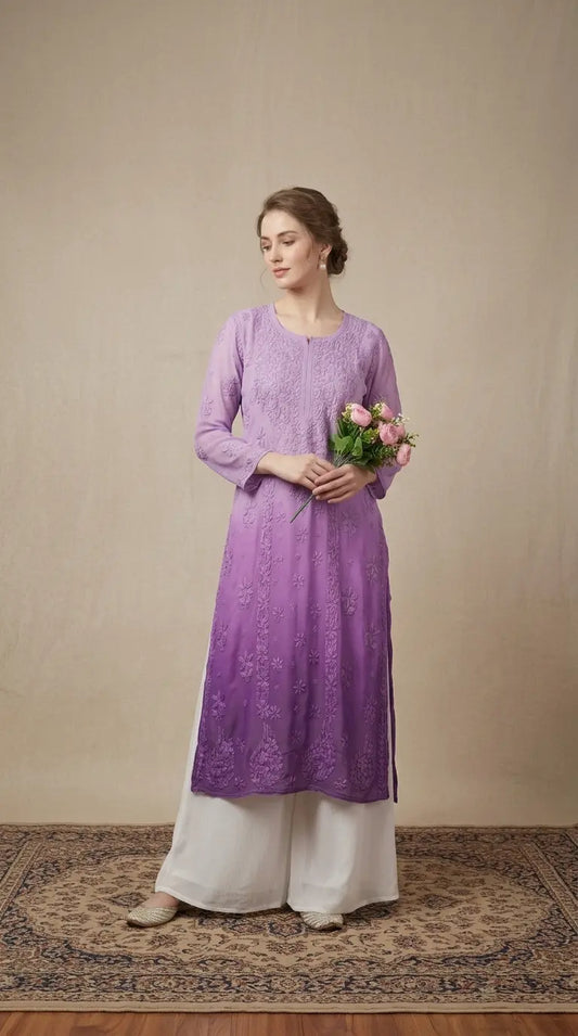 
Lavender viscose georgette chikankari long kurta featuring elegant Lucknowi hand embroidery by Hayat's Lucknowi
