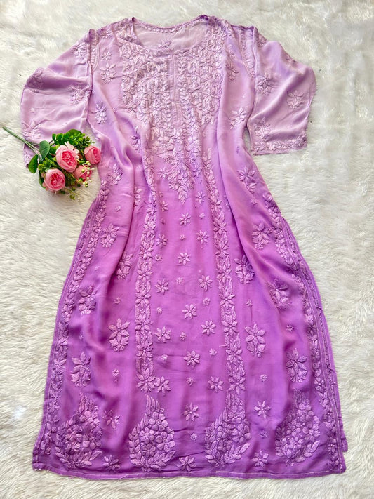 
Lavender viscose georgette chikankari long kurta featuring elegant Lucknowi hand embroidery by Hayat's Lucknowi
