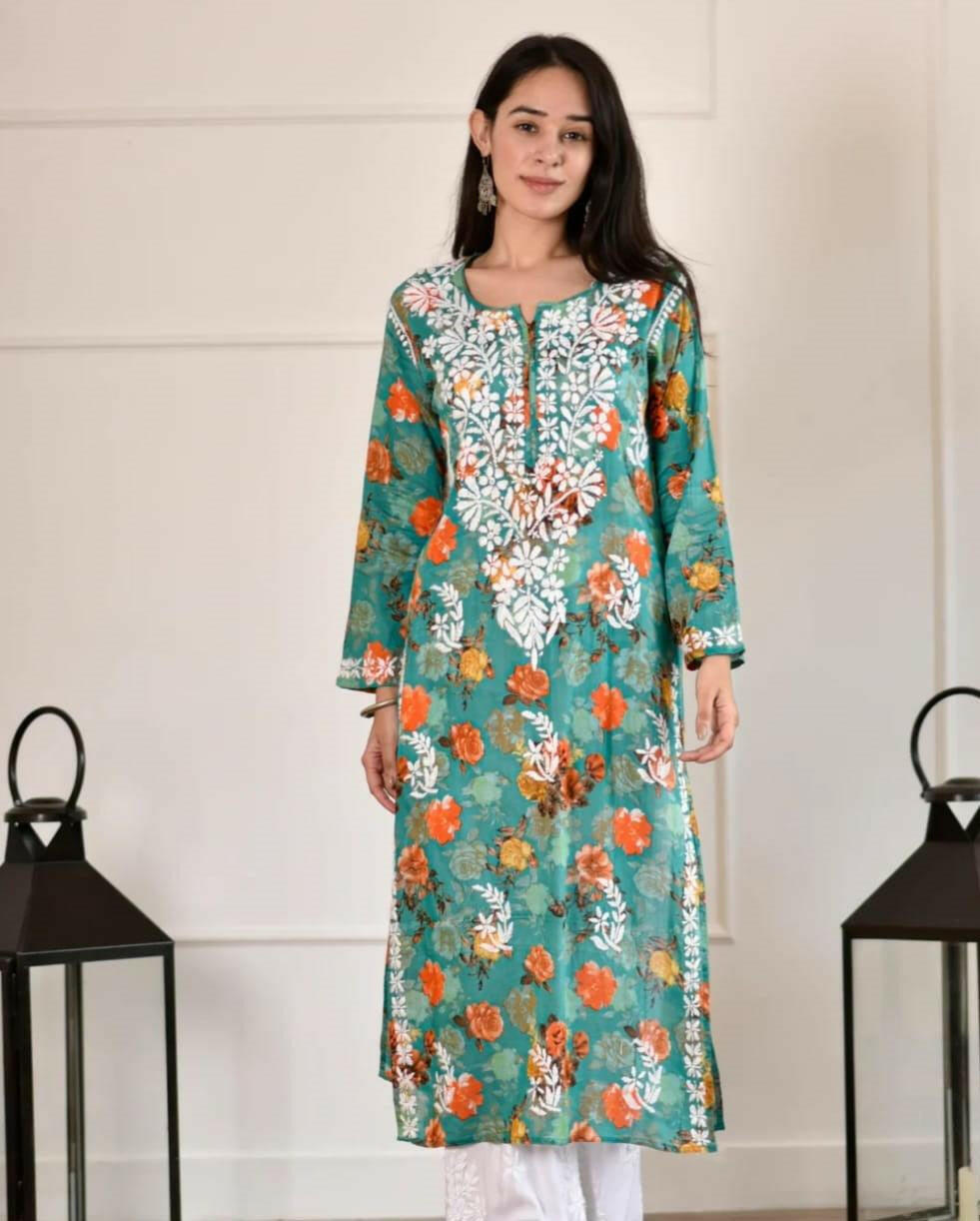 Sea Green Mul Mul Chikankari Kurta - Hayat's Lucknowi
