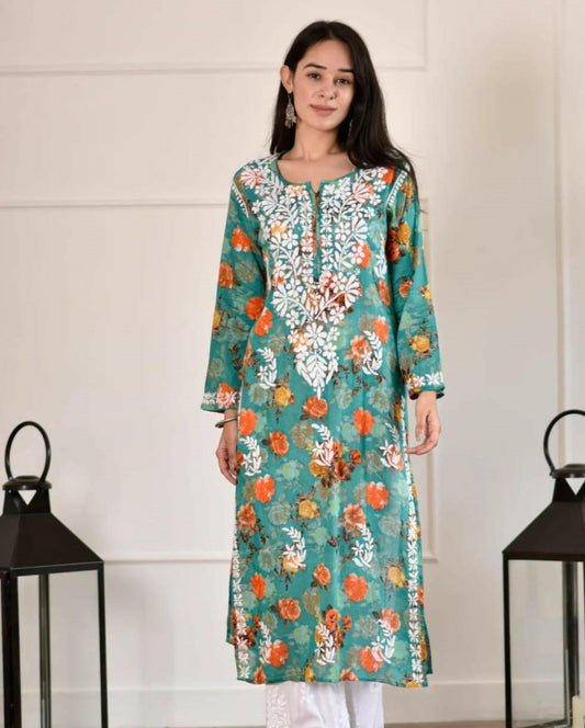 Sea Green Mul Mul Chikankari Kurta - Hayat's Lucknowi