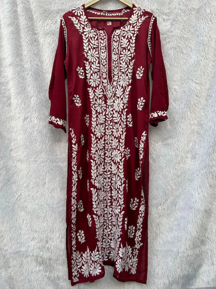 Maroon panel modal chikankari kurti with embroidery by Hayat’s Lucknowi