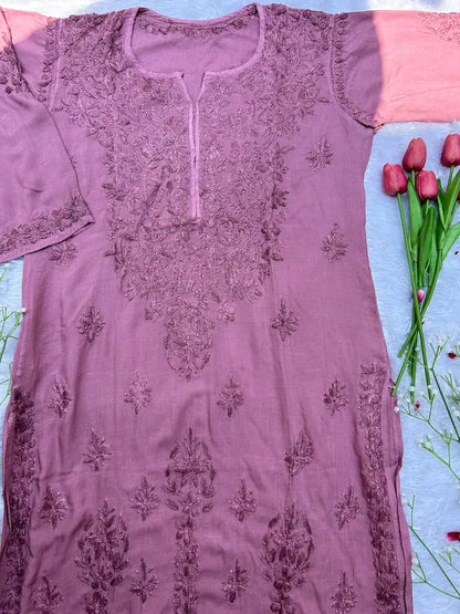 Mauve modal long kurta with chikankari embroidery by Hayat’s Lucknowi