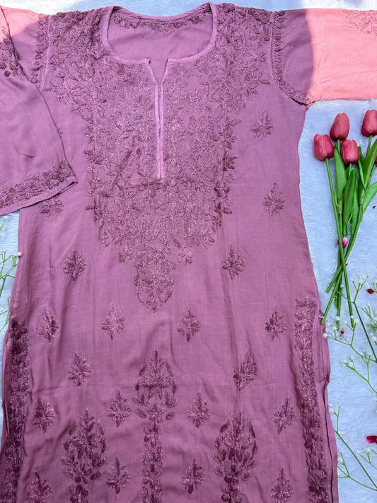 Mauve modal long kurta with chikankari embroidery by Hayat’s Lucknowi