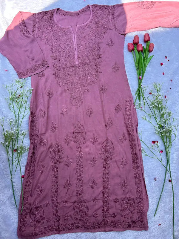 Mauve modal long kurta with chikankari embroidery  casual wear by Hayat’s Lucknowi