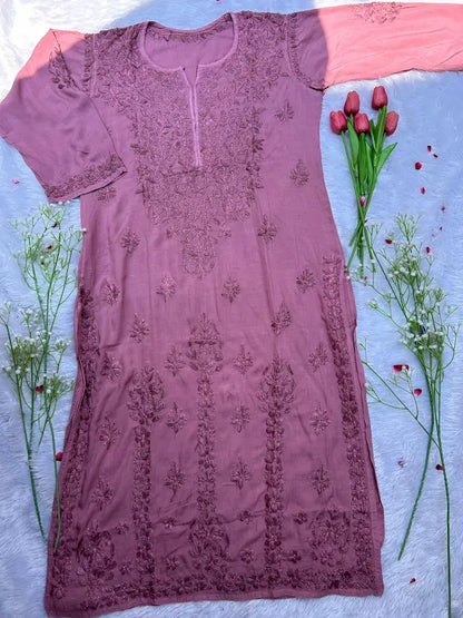 Mauve modal long kurta with chikankari embroidery  casual wear by Hayat’s Lucknowi