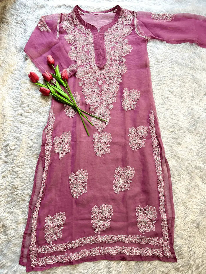 Mauve georgette chikankari full sleeves handmade kurti by Hayat’s Lucknowi