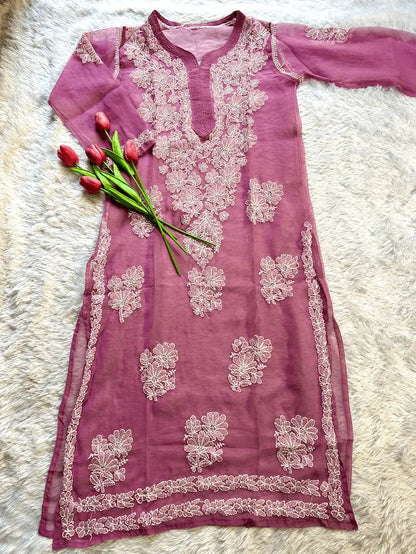 Mauve georgette chikankari full sleeves handmade kurti by Hayat’s Lucknowi