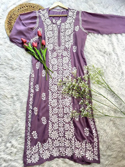 Mauve panel modal kurti with chikankari embroidery by Hayat’s Lucknowi