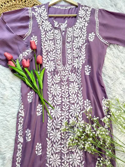 Mauve panel modal kurti with chikankari embroidery by Hayat’s Lucknowi