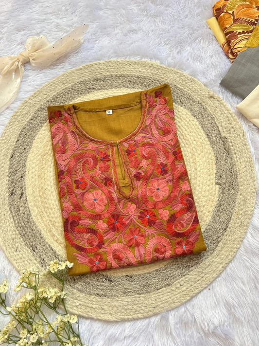 
Mehendi green Kashmiri long kurta designed with elegant traditional craftsmanship by Hayat's Lucknowi

