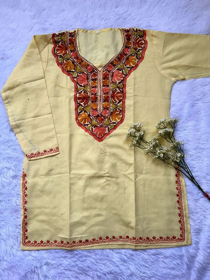  yellow colored Kashmiri short top  kurta with embroidery by Hayat’s Lucknowi