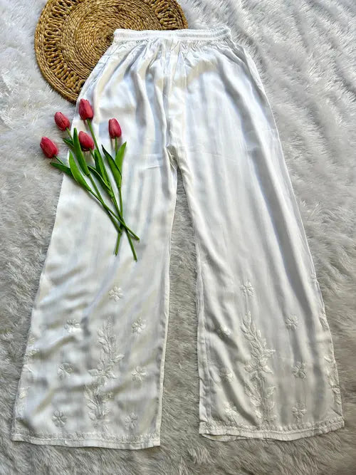Modal palazzo pants with chikankari embroidery by Hayat’s Lucknowi