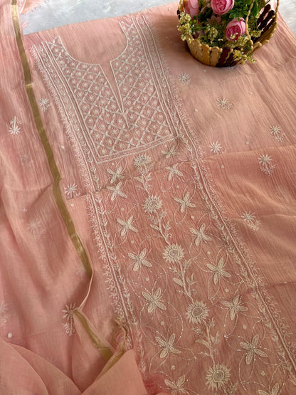 
Naaz women's pink mul Chanderi handwork kurta and dupatta unstitched suit featuring intricate handcrafted detailing and elegant traditional styling for festive ethnic wear by Hayat's Lucknowi
