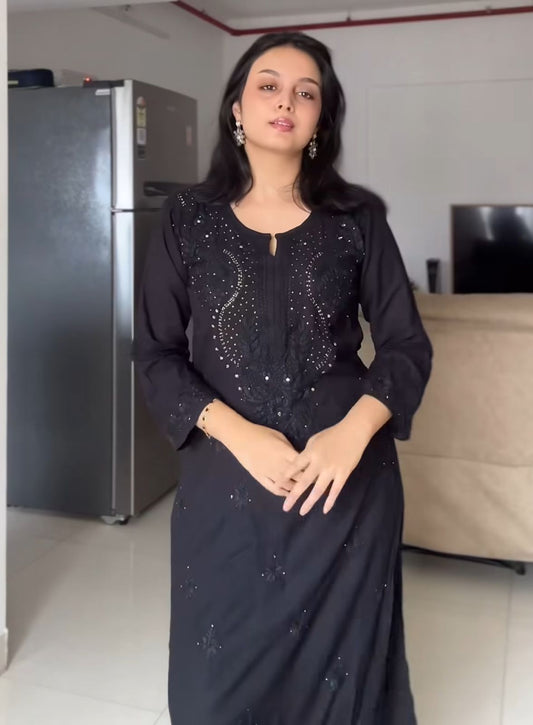 Black rayon chikankari kurti with embroidery by Hayat’s Lucknowi