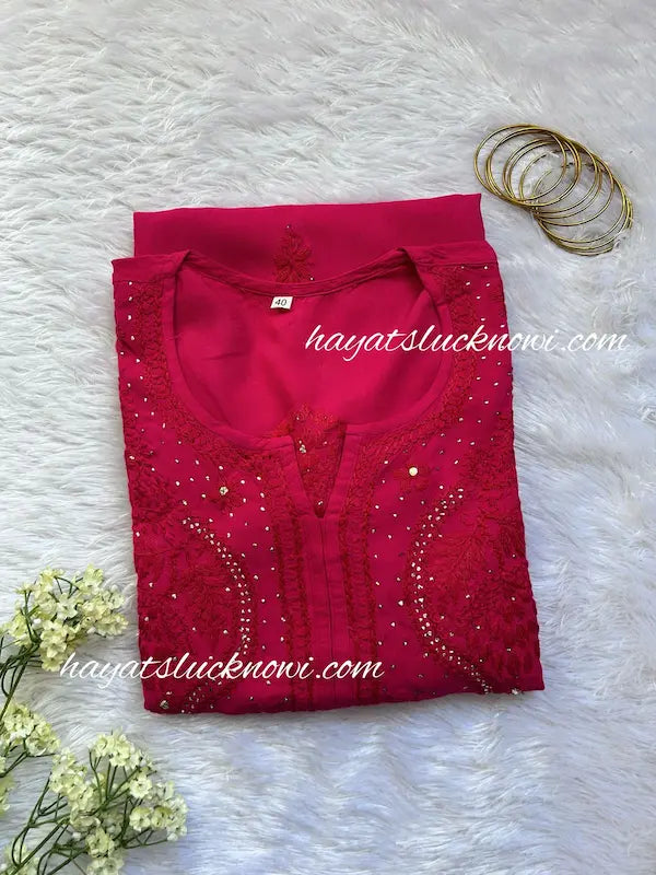 Fuchsia rayon chikankari kurti with embroidery  festive wear by Hayat’s Lucknowi