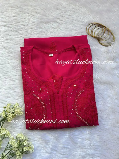 Fuchsia rayon chikankari kurti with embroidery  festive wear by Hayat’s Lucknowi