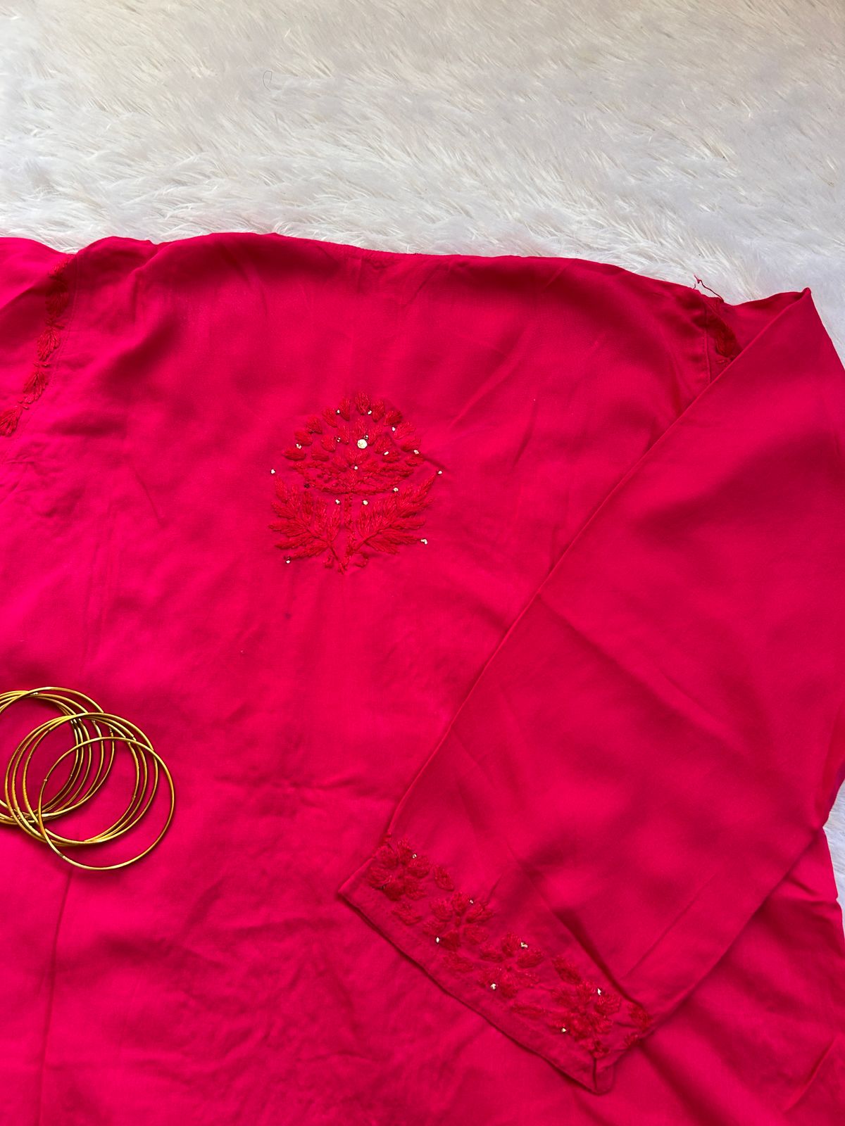 red rayon chikankari kurti with embroidery by Hayat’s Lucknowi